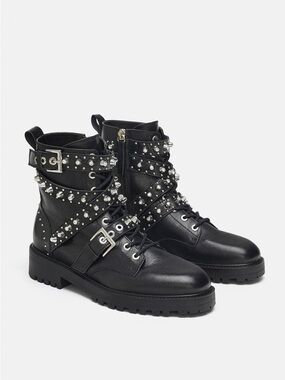 Zara Black Studded Leather Combat Boots New without tags